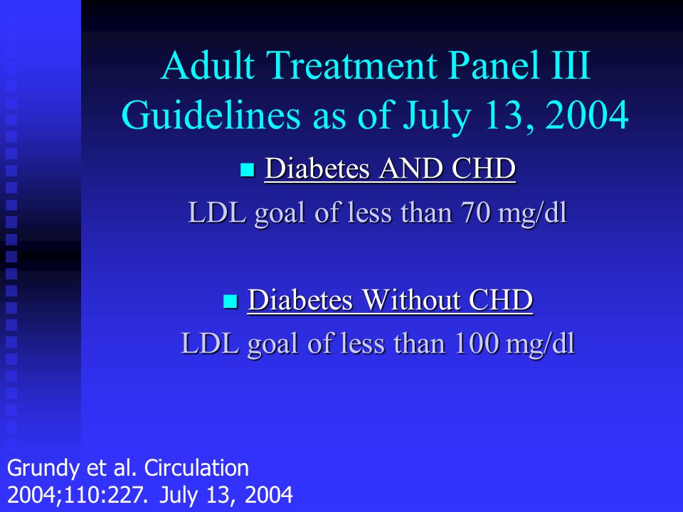 Adult Treatment Panel III Guidelines as of July 13, 2004 Diabetes AND CHD Diabetes AND CHD LDL goal of less than 70 mg/dl Diabetes Without CHD Diabetes Without CHD LDL goal of less than 100 mg/dl Grundy et al.