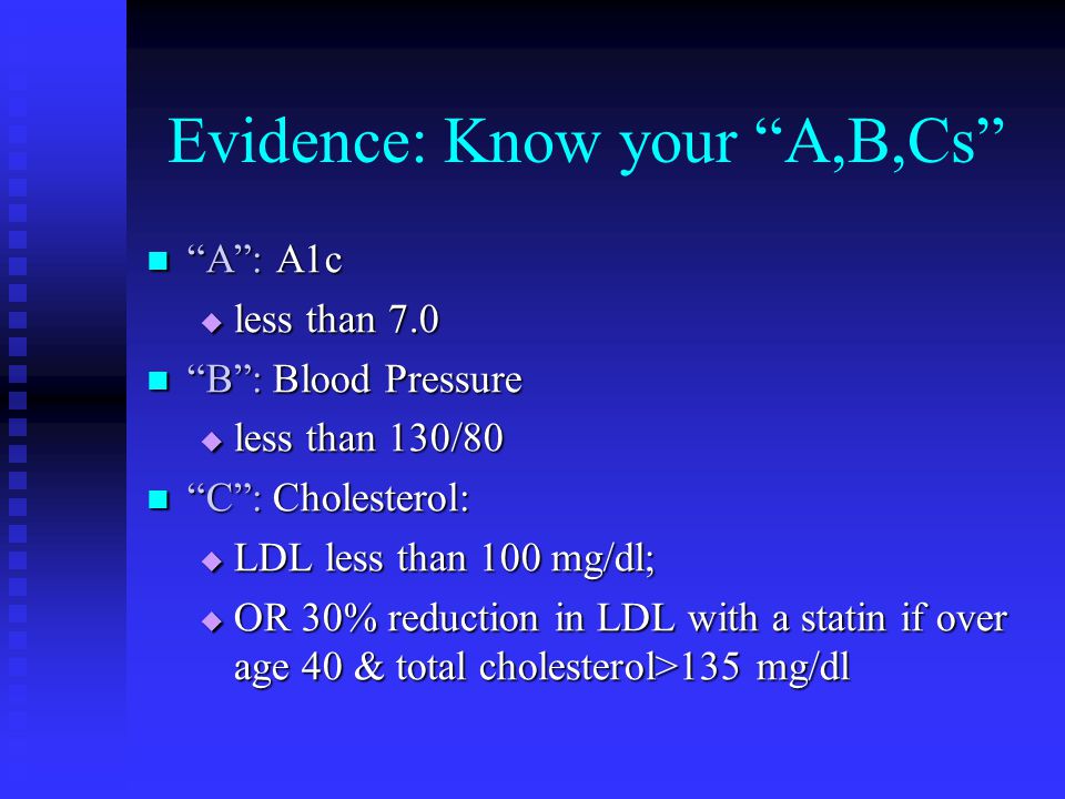 Evidence: Know your A,B,Cs A : A1c A : A1c  less than 7.0 B : Blood Pressure B : Blood Pressure  less than 130/80 C : Cholesterol: C : Cholesterol:  LDL less than 100 mg/dl;  OR 30% reduction in LDL with a statin if over age 40 & total cholesterol>135 mg/dl
