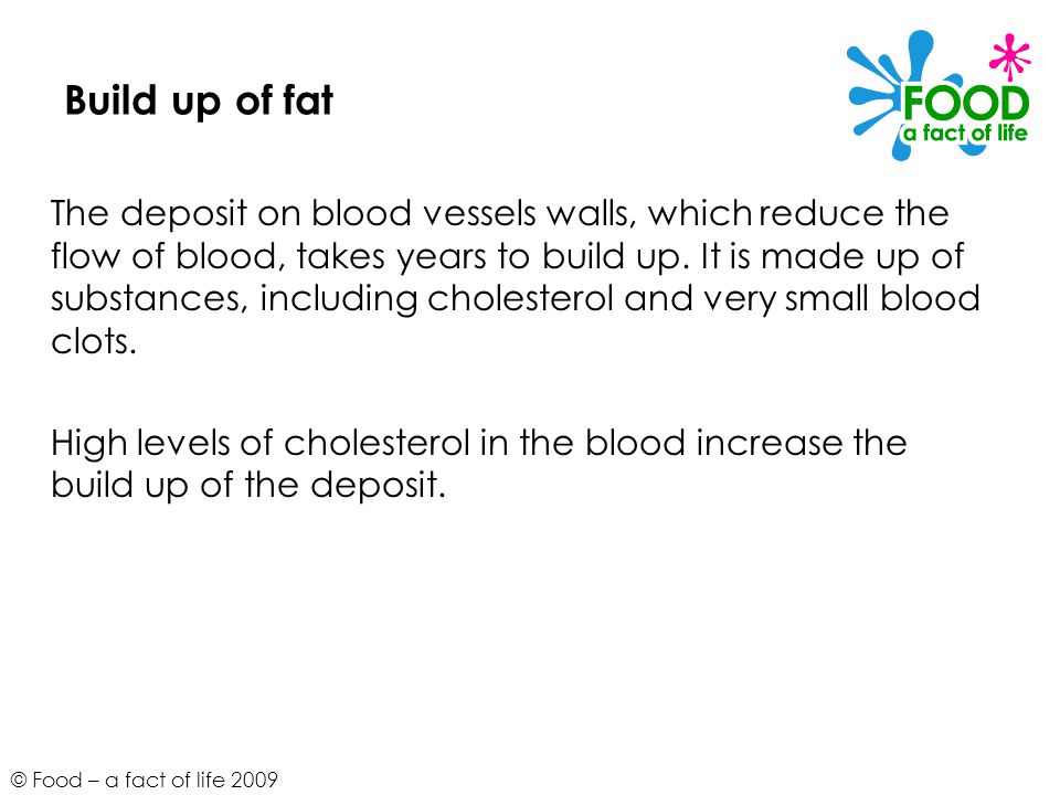 © Food – a fact of life 2009 Build up of fat The deposit on blood vessels walls, which reduce the flow of blood, takes years to build up.
