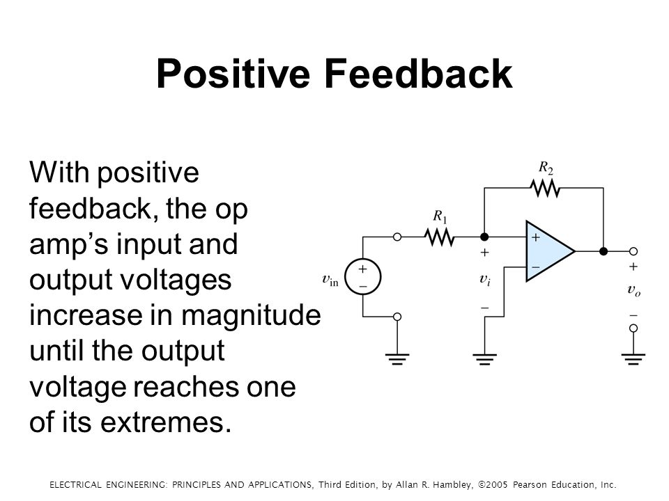 Positive Feedback With positive feedback, the op amp’s input and output voltages increase in magnitude until the output voltage reaches one of its extremes.
