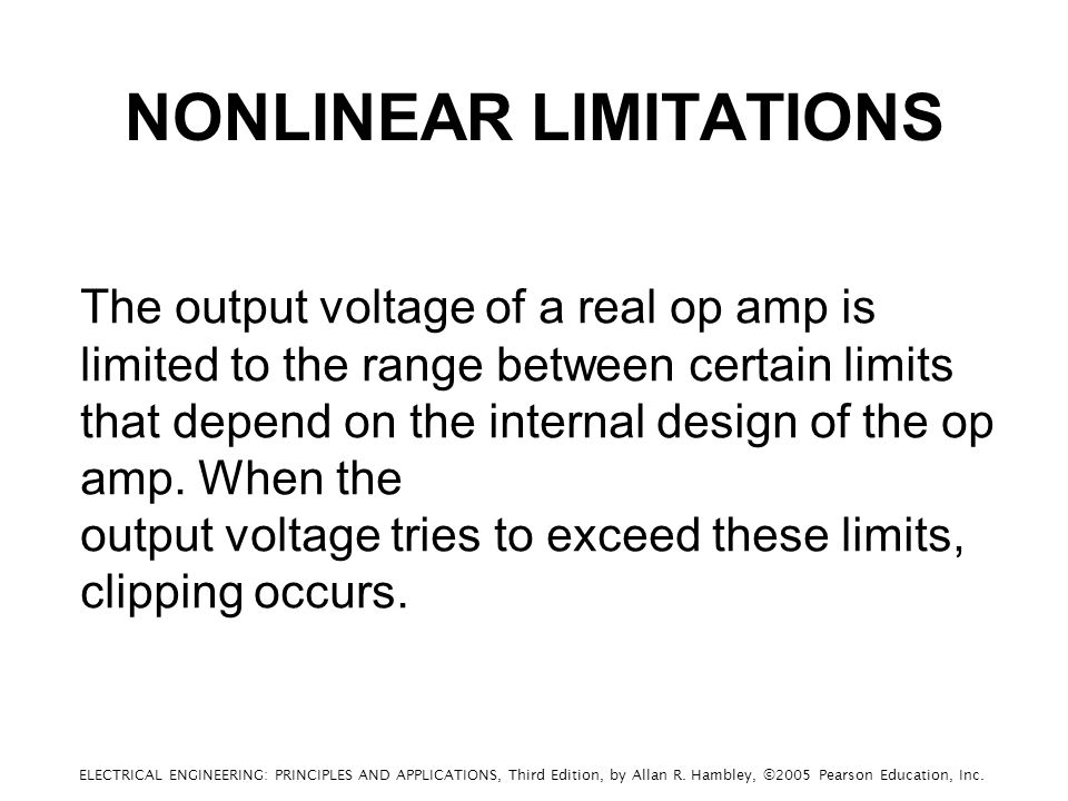 NONLINEAR LIMITATIONS The output voltage of a real op amp is limited to the range between certain limits that depend on the internal design of the op amp.