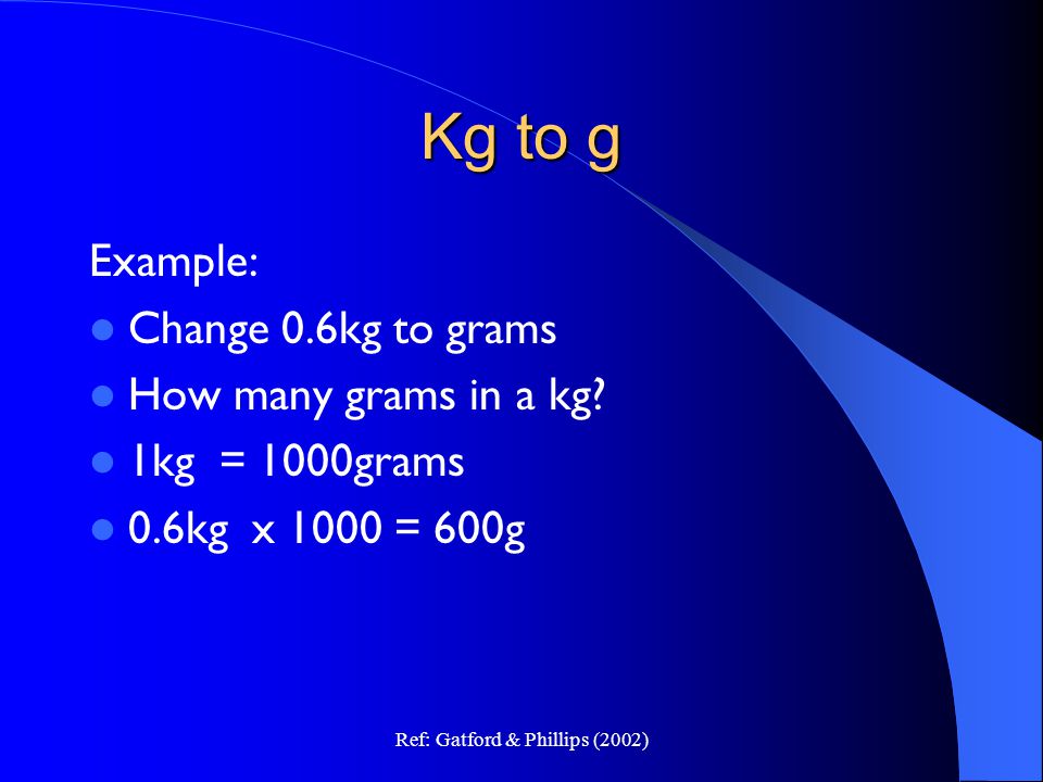 Ref: Gatford & Phillips (2002) Metric conversion 1 kilogram (kg) = 1000  grams (g) 1 gram (g) = 1000 milligrams (mg) 1 milligram (mg) = 1000  micrograms. - ppt download