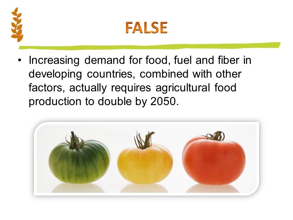 Increasing demand for food, fuel and fiber in developing countries, combined with other factors, actually requires agricultural food production to double by 2050.