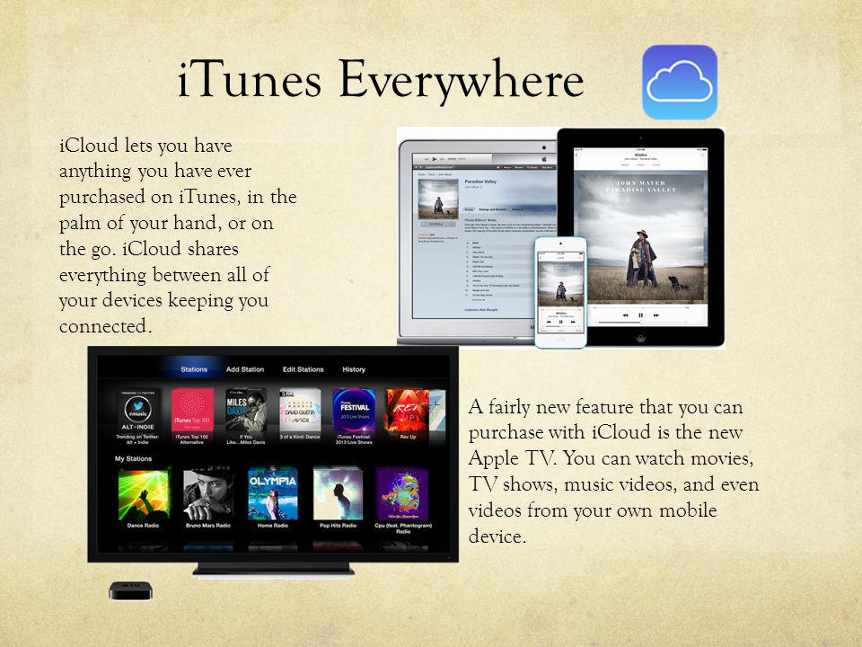 iTunes Everywhere iCloud lets you have anything you have ever purchased on iTunes, in the palm of your hand, or on the go.