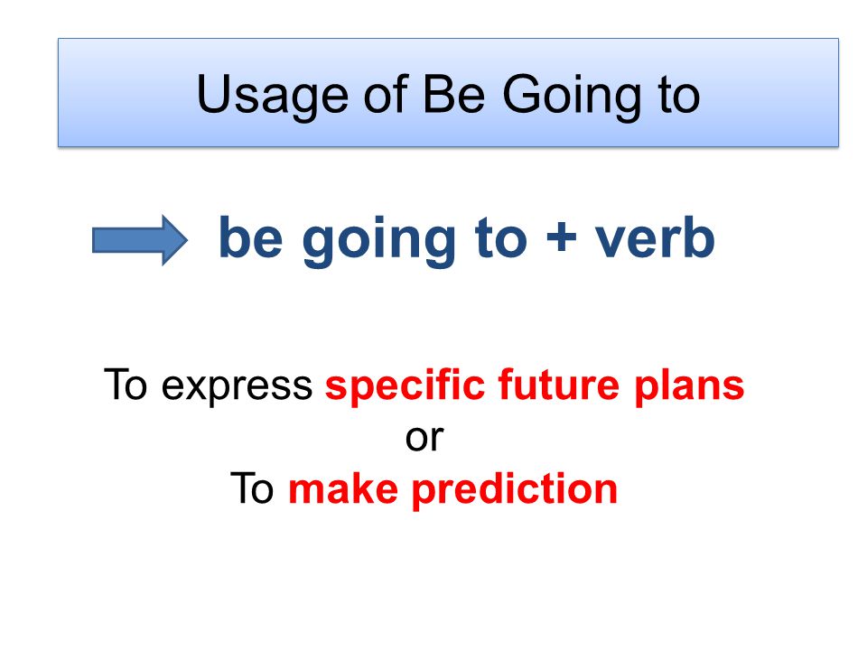 To express specific future plans or To make prediction Usage of Be Going to be going to + verb