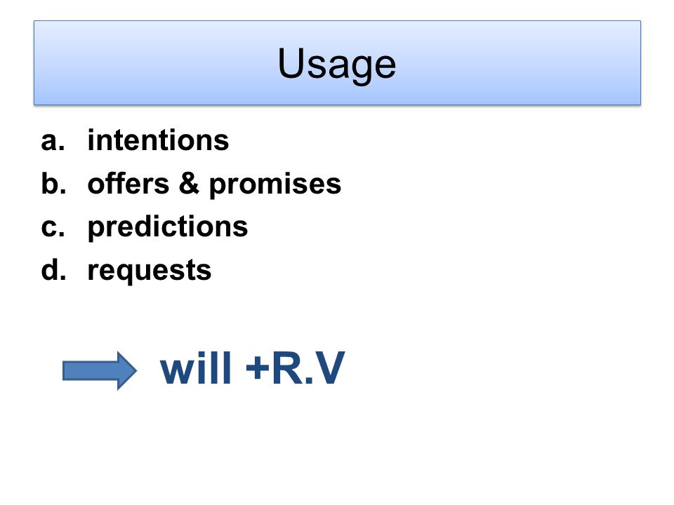 a. intentions b. offers & promises c. predictions d. requests will +R.V Usage