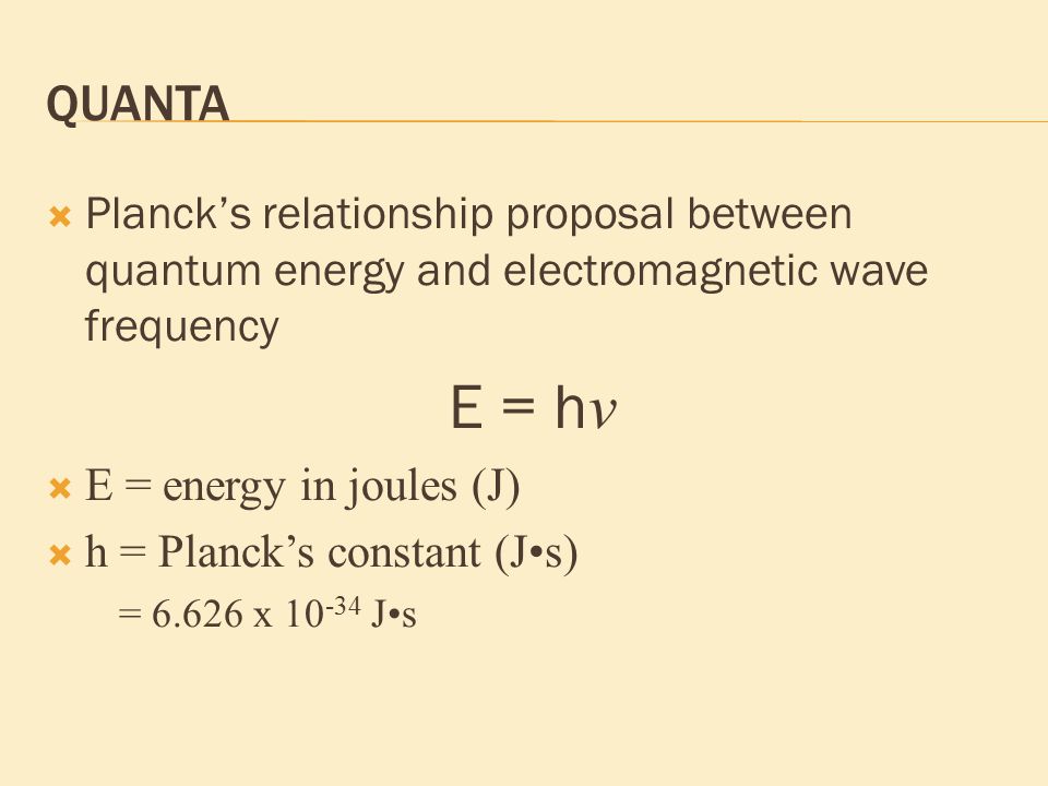 QUANTA  Planck’s relationship proposal between quantum energy and electromagnetic wave frequency E = h ν  E = energy in joules (J)  h = Planck’s constant (Js) = x Js