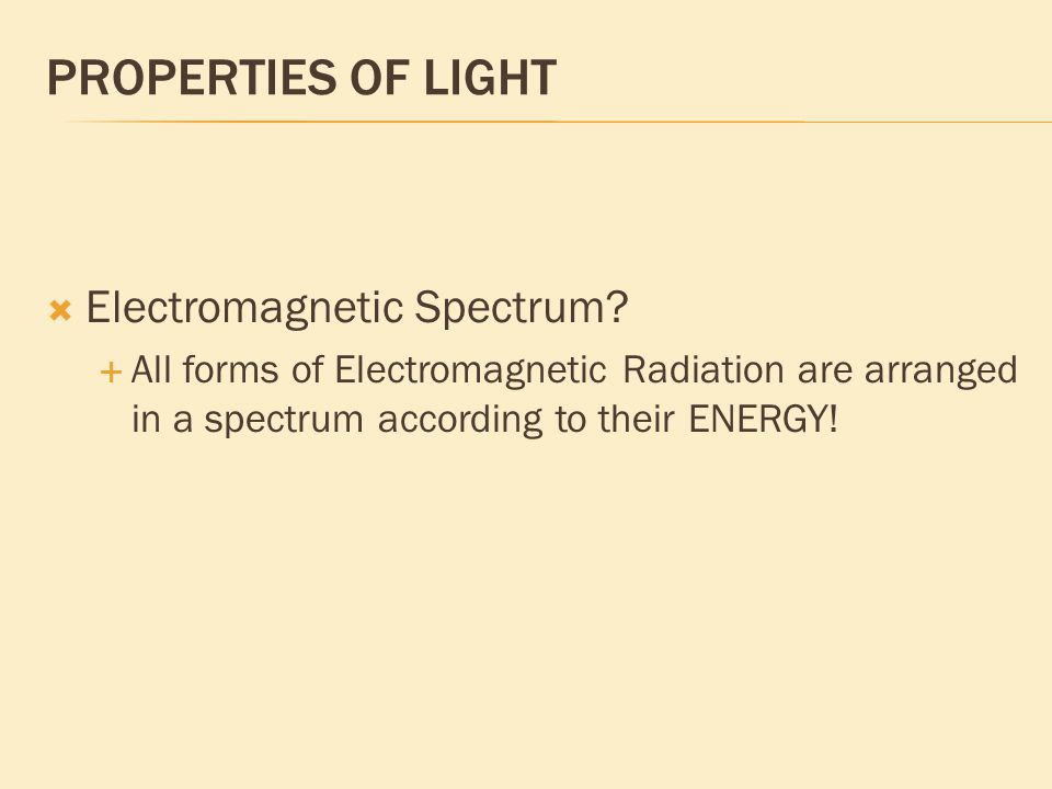 PROPERTIES OF LIGHT  Electromagnetic Spectrum.