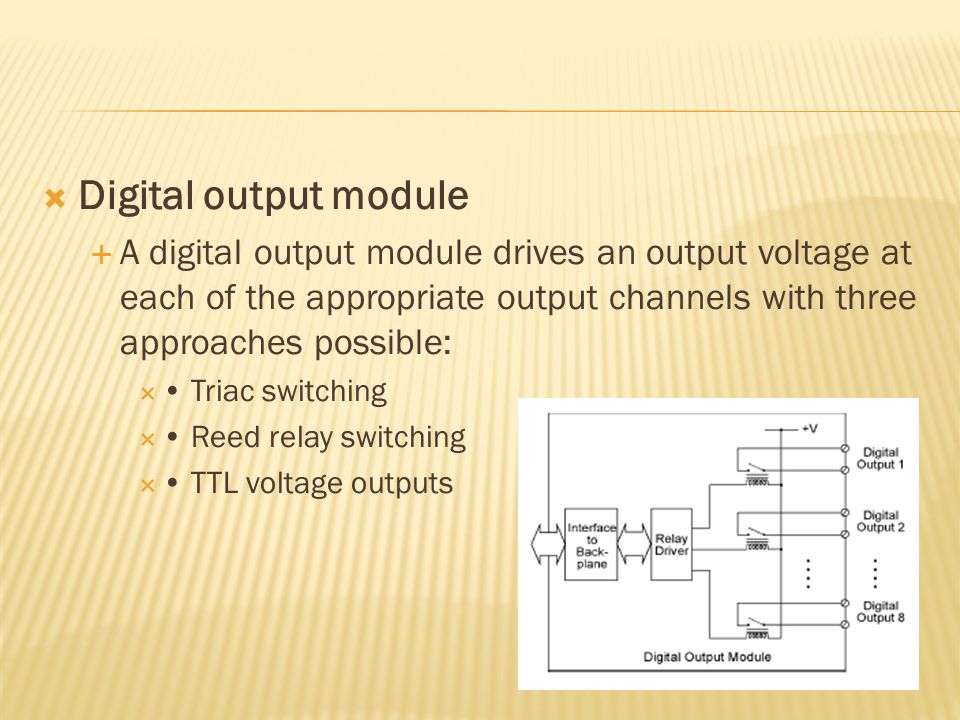  Digital output module  A digital output module drives an output voltage at each of the appropriate output channels with three approaches possible:  Triac switching  Reed relay switching  TTL voltage outputs