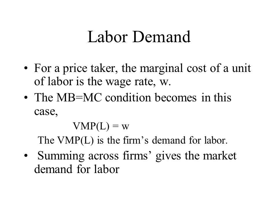 Labor Demand For a price taker, the marginal cost of a unit of labor is the wage rate, w.
