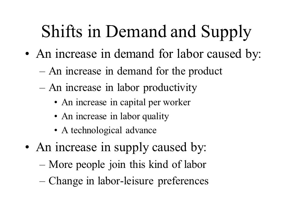 Shifts in Demand and Supply An increase in demand for labor caused by: –An increase in demand for the product –An increase in labor productivity An increase in capital per worker An increase in labor quality A technological advance An increase in supply caused by: –More people join this kind of labor –Change in labor-leisure preferences