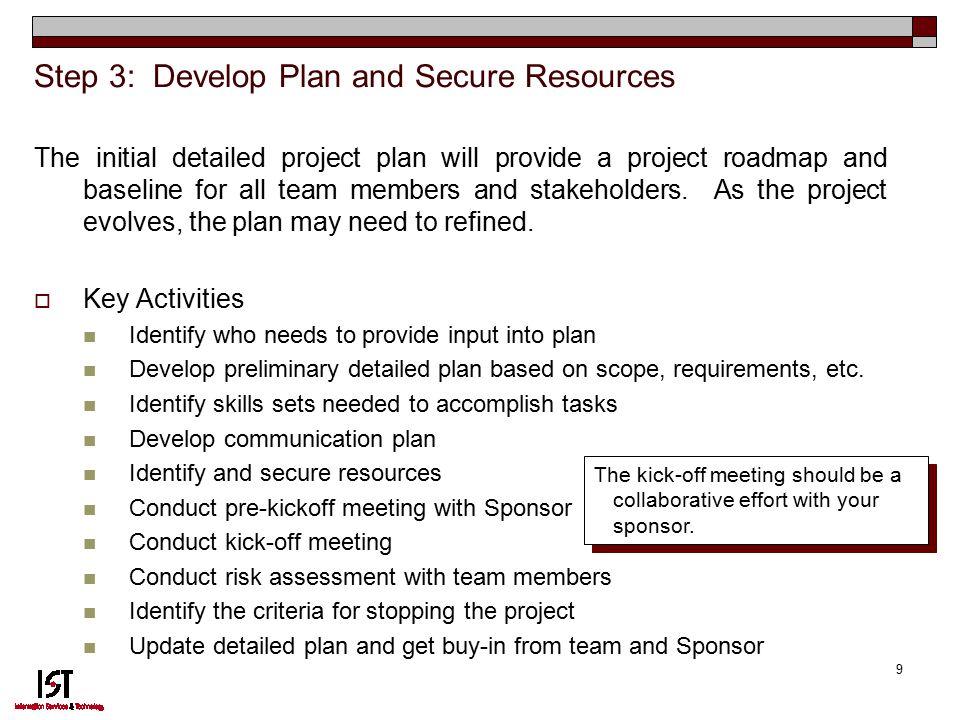 9 Step 3: Develop Plan and Secure Resources The initial detailed project plan will provide a project roadmap and baseline for all team members and stakeholders.