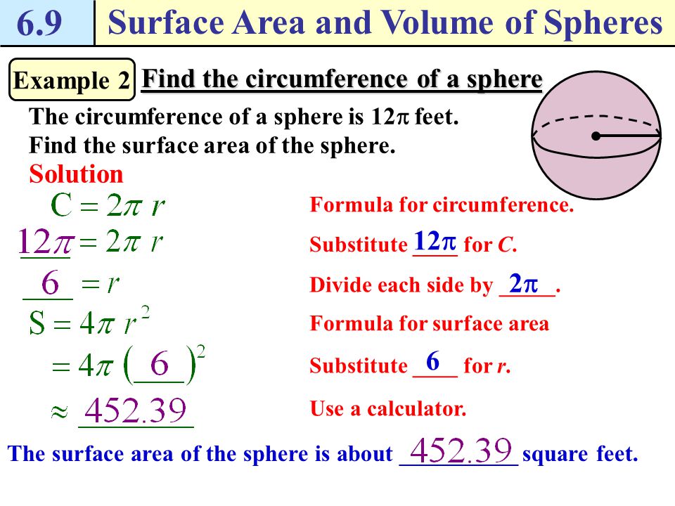 6.9 Surface Area and Volume of Spheres Example 1 Find the surface area of a sphere Solution Find the surface area of the sphere.