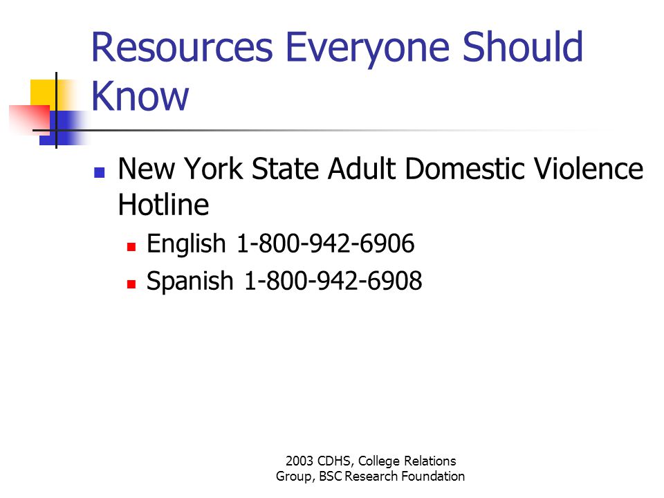 2003 CDHS, College Relations Group, BSC Research Foundation Resources Everyone Should Know New York State Adult Domestic Violence Hotline English Spanish