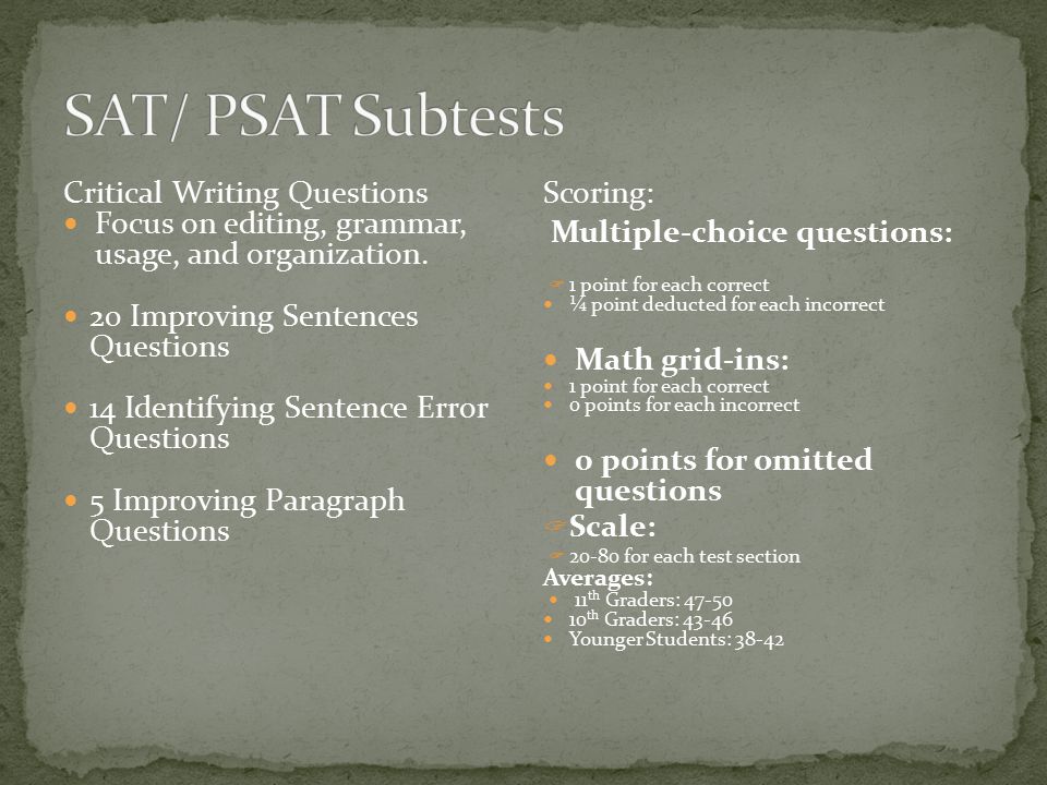 Critical Writing Questions Focus on editing, grammar, usage, and organization.