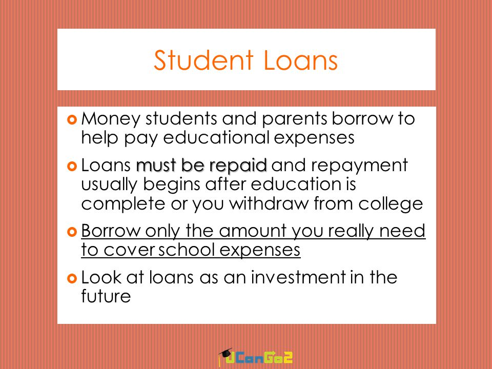Student Loans  Money students and parents borrow to help pay educational expenses must be repaid  Loans must be repaid and repayment usually begins after education is complete or you withdraw from college  Borrow only the amount you really need to cover school expenses  Look at loans as an investment in the future