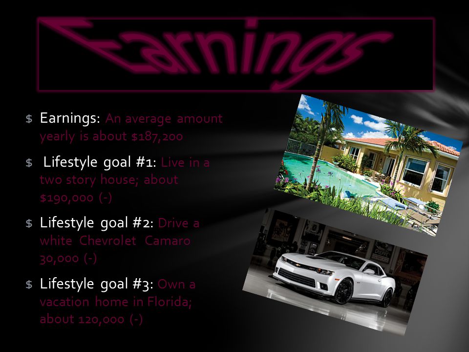 $Earnings: An average amount yearly is about $187,200 $ Lifestyle goal #1: Live in a two story house; about $190,000 (-) $Lifestyle goal #2 : Drive a white Chevrolet Camaro 30,000 (-) $Lifestyle goal #3: Own a vacation home in Florida; about 120,000 (-)