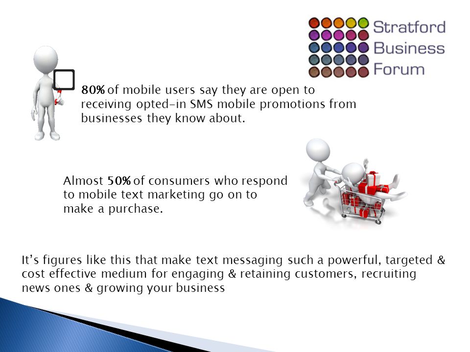 80% of mobile users say they are open to receiving opted-in SMS mobile promotions from businesses they know about.
