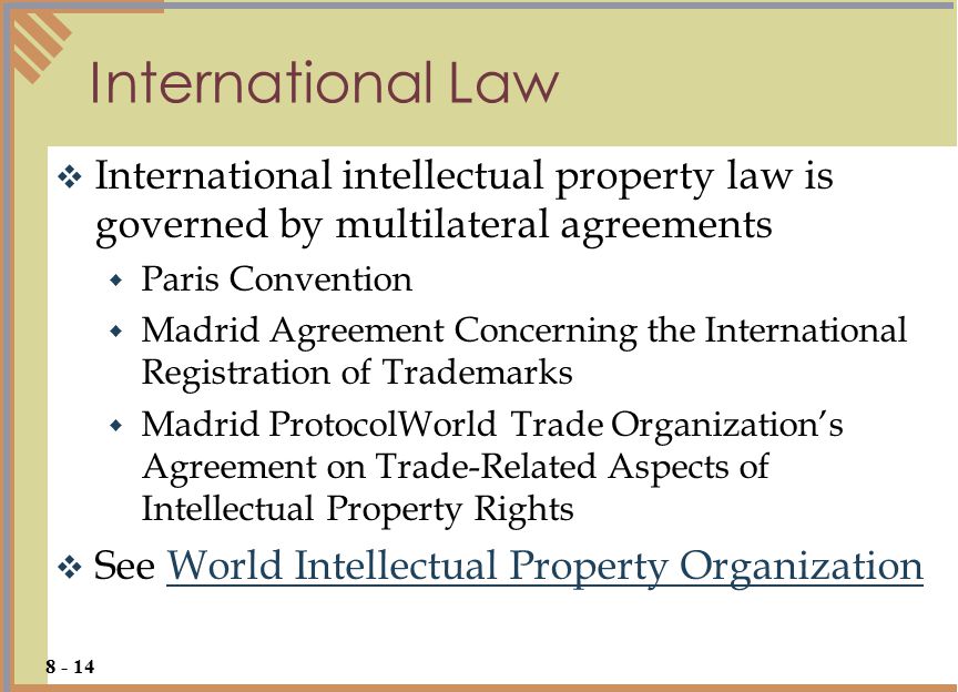  International intellectual property law is governed by multilateral agreements  Paris Convention  Madrid Agreement Concerning the International Registration of Trademarks  Madrid ProtocolWorld Trade Organization’s Agreement on Trade-Related Aspects of Intellectual Property Rights  See World Intellectual Property OrganizationWorld Intellectual Property Organization International Law