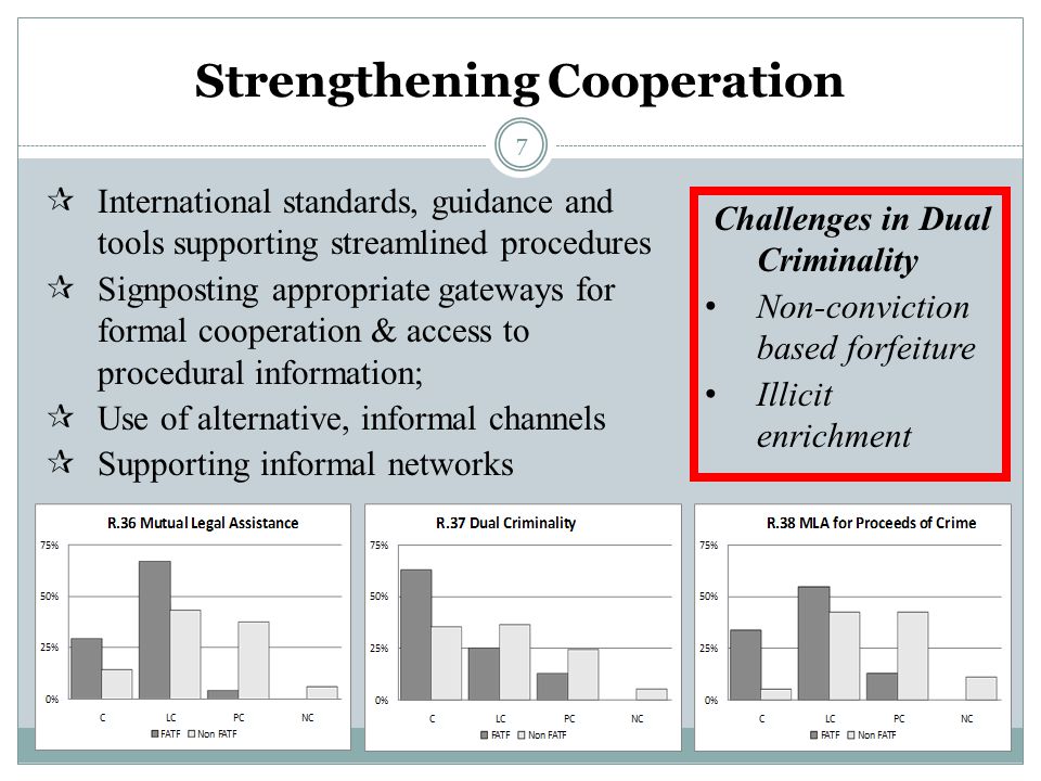7 Strengthening Cooperation  International standards, guidance and tools supporting streamlined procedures  Signposting appropriate gateways for formal cooperation & access to procedural information;  Use of alternative, informal channels  Supporting informal networks Challenges in Dual Criminality Non-conviction based forfeiture Illicit enrichment