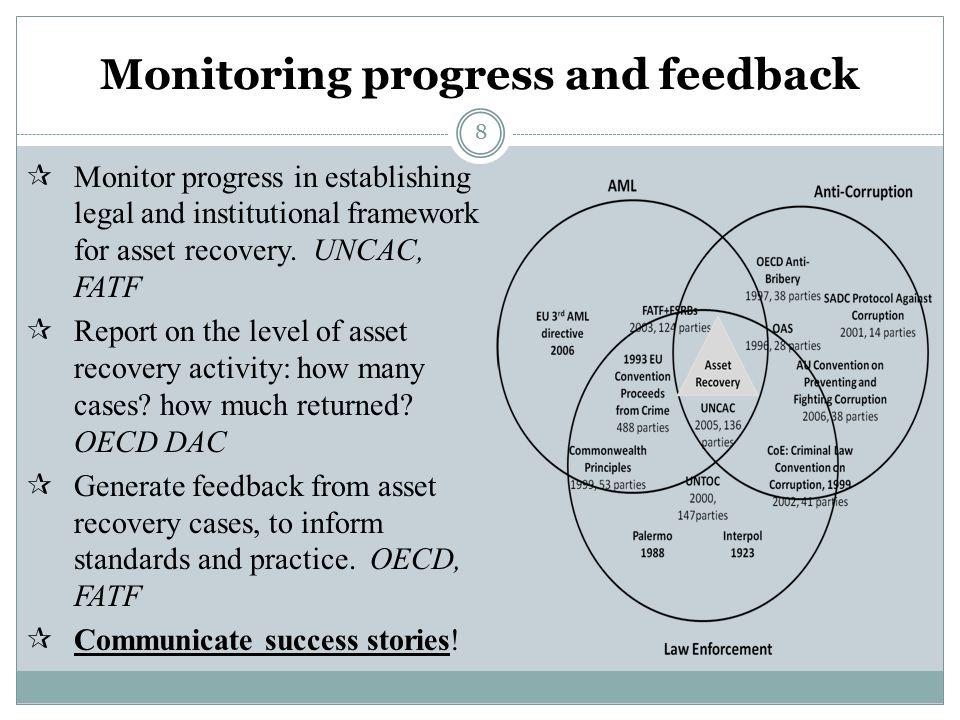 8 Monitoring progress and feedback  Monitor progress in establishing legal and institutional framework for asset recovery.