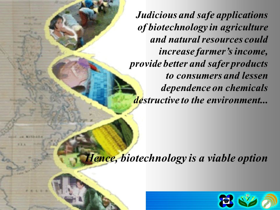 Hence, biotechnology is a viable option Judicious and safe applications of biotechnology in agriculture and natural resources could increase farmer’s income, provide better and safer products to consumers and lessen dependence on chemicals destructive to the environment...