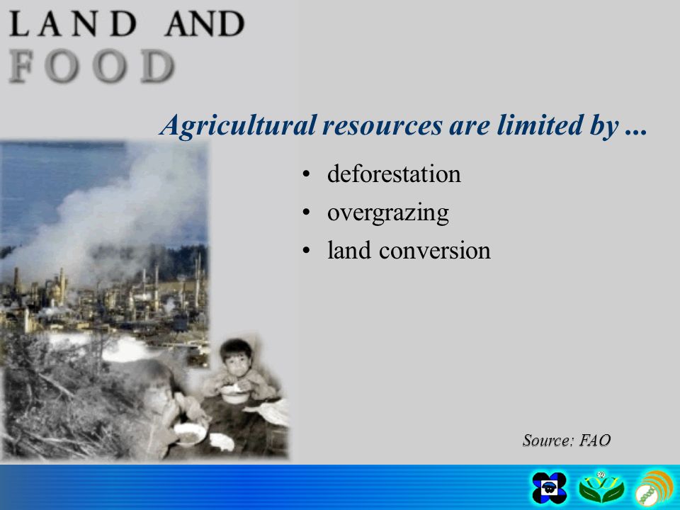 deforestation overgrazing land conversion Agricultural resources are limited by... Source: FAO
