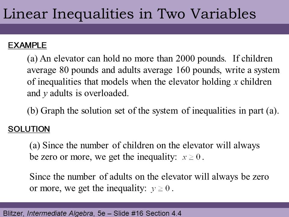 Blitzer, Intermediate Algebra, 5e – Slide #16 Section 4.4 Linear Inequalities in Two VariablesEXAMPLE SOLUTION (a) An elevator can hold no more than 2000 pounds.