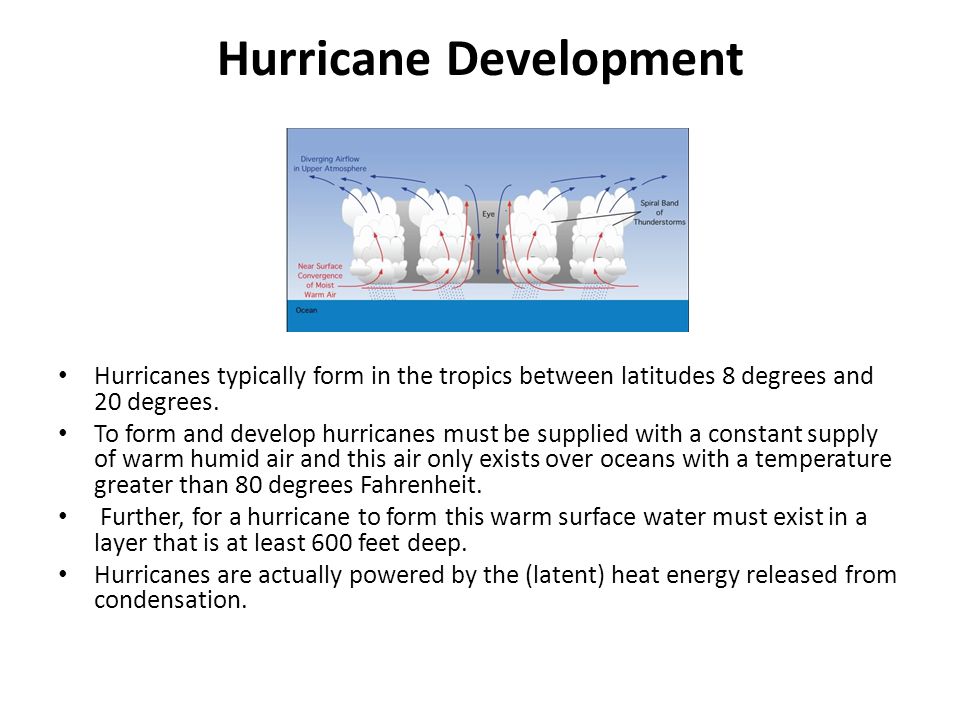 Hurricane Development Hurricanes typically form in the tropics between latitudes 8 degrees and 20 degrees.