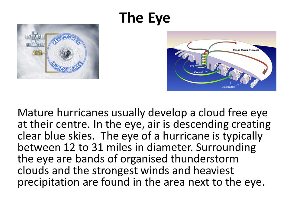 The Eye Mature hurricanes usually develop a cloud free eye at their centre.