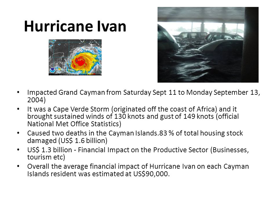 Hurricane Ivan Impacted Grand Cayman from Saturday Sept 11 to Monday September 13, 2004) It was a Cape Verde Storm (originated off the coast of Africa) and it brought sustained winds of 130 knots and gust of 149 knots (official National Met Office Statistics) Caused two deaths in the Cayman Islands.83 % of total housing stock damaged (US$ 1.6 billion) US$ 1.3 billion - Financial Impact on the Productive Sector (Businesses, tourism etc) Overall the average financial impact of Hurricane Ivan on each Cayman Islands resident was estimated at US$90,000.