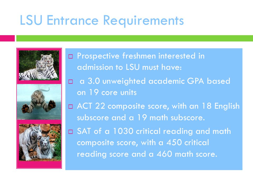 LSU Entrance Requirements  Prospective freshmen interested in admission to LSU must have:  a 3.0 unweighted academic GPA based on 19 core units  ACT 22 composite score, with an 18 English subscore and a 19 math subscore.