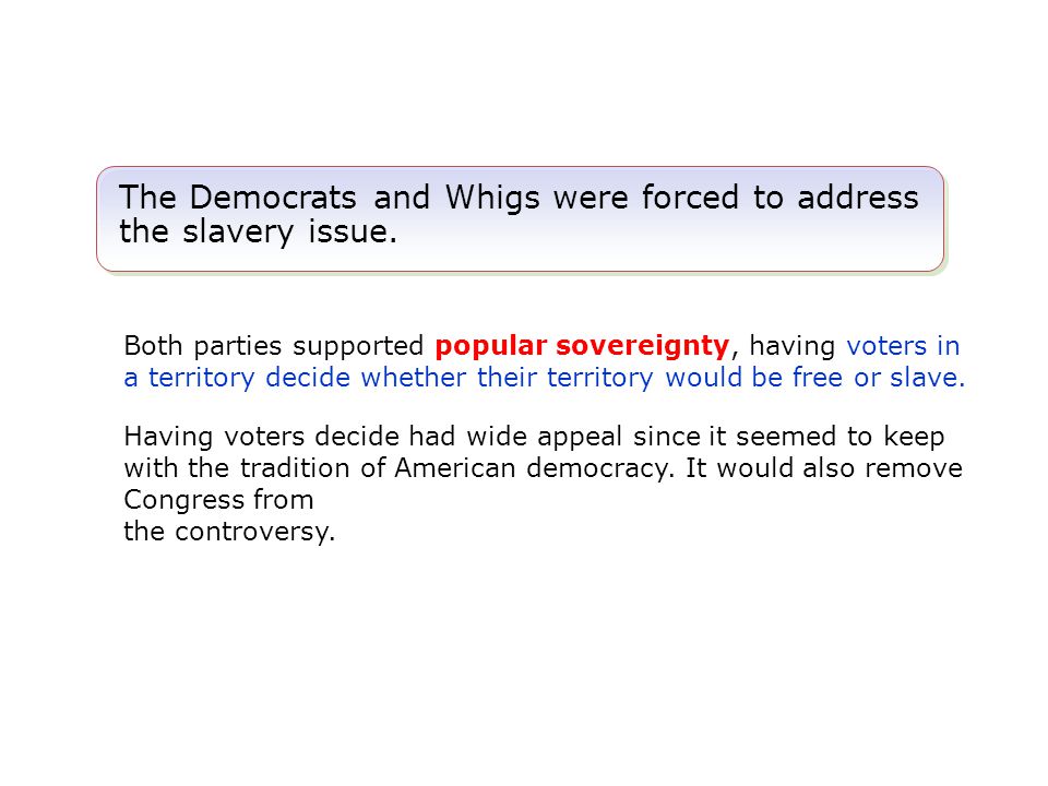 The Democrats and Whigs were forced to address the slavery issue.