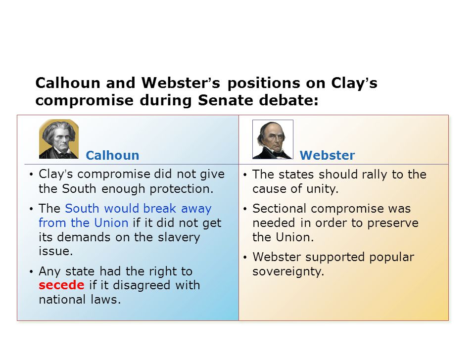 Calhoun and Webster’s positions on Clay’s compromise during Senate debate: Calhoun Webster Clay’s compromise did not give the South enough protection.