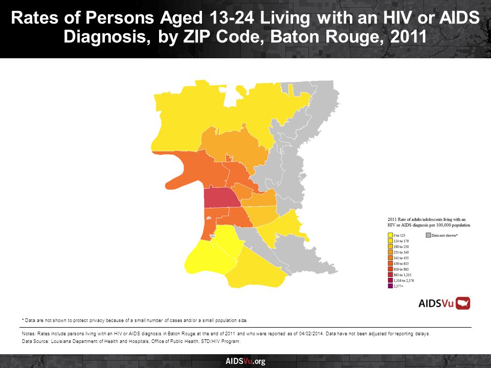 Rates of Persons Aged Living with an HIV or AIDS Diagnosis, by ZIP Code, Baton Rouge, 2011 Notes: Rates include persons living with an HIV or AIDS diagnosis in Baton Rouge at the end of 2011 and who were reported as of 04/02/2014.