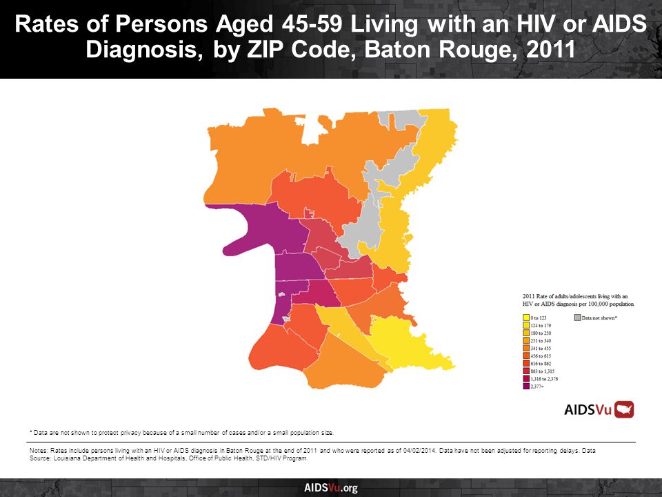 Rates of Persons Aged Living with an HIV or AIDS Diagnosis, by ZIP Code, Baton Rouge, 2011 Notes: Rates include persons living with an HIV or AIDS diagnosis in Baton Rouge at the end of 2011 and who were reported as of 04/02/2014.