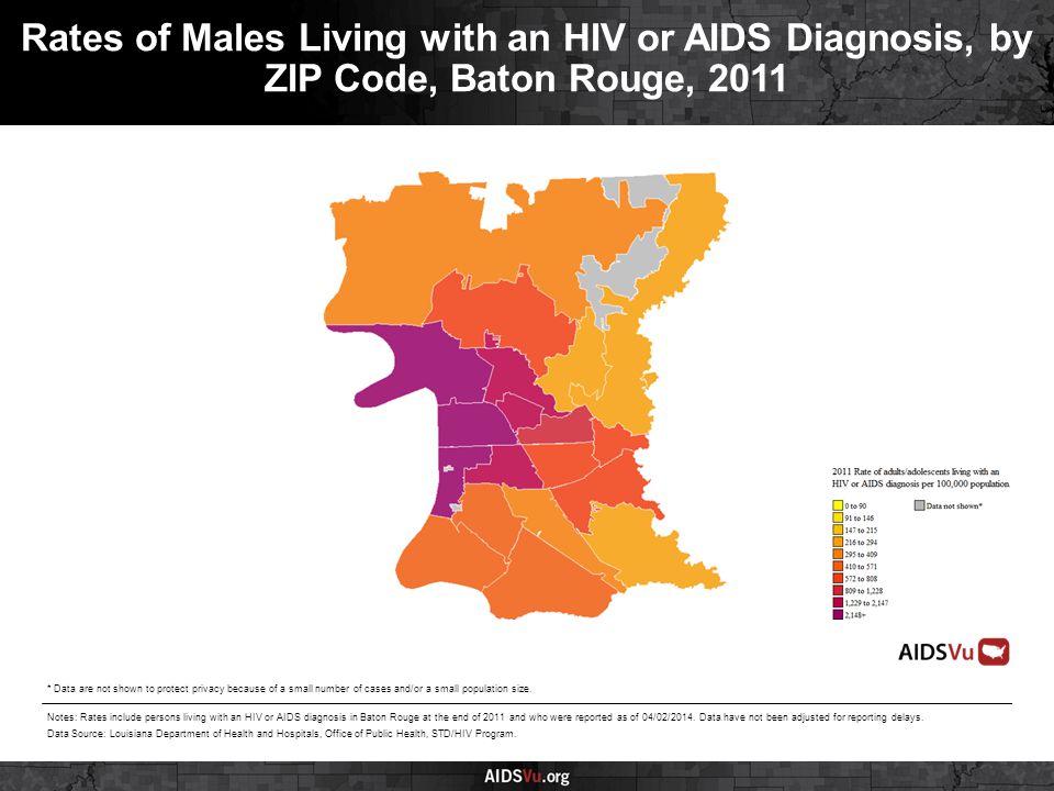 Rates of Males Living with an HIV or AIDS Diagnosis, by ZIP Code, Baton Rouge, 2011 Notes: Rates include persons living with an HIV or AIDS diagnosis in Baton Rouge at the end of 2011 and who were reported as of 04/02/2014.