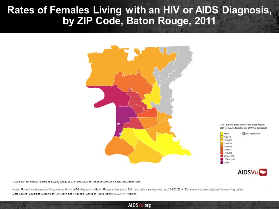 Rates of Females Living with an HIV or AIDS Diagnosis, by ZIP Code, Baton Rouge, 2011 Notes: Rates include persons living with an HIV or AIDS diagnosis in Baton Rouge at the end of 2011 and who were reported as of 04/02/2014.