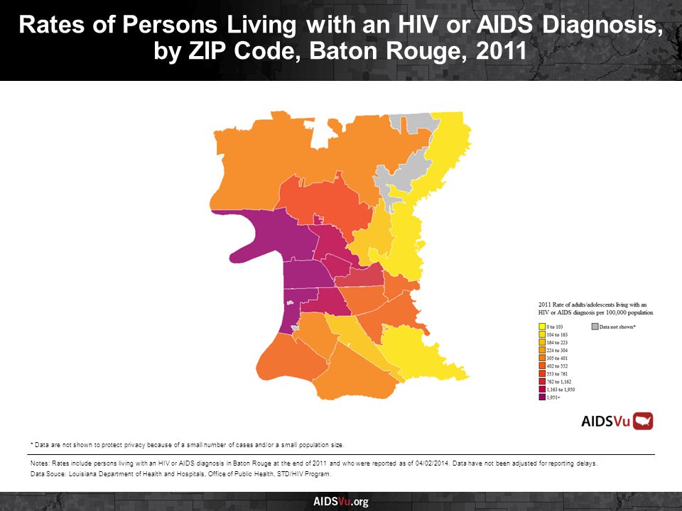 Rates of Persons Living with an HIV or AIDS Diagnosis, by ZIP Code, Baton Rouge, 2011 Notes: Rates include persons living with an HIV or AIDS diagnosis in Baton Rouge at the end of 2011 and who were reported as of 04/02/2014.