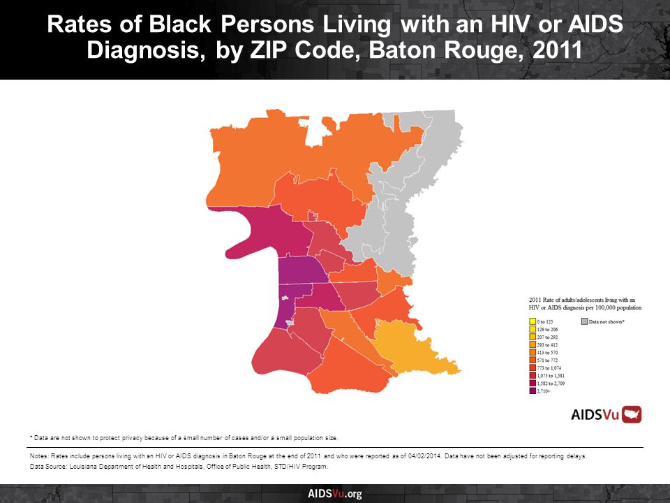 Rates of Black Persons Living with an HIV or AIDS Diagnosis, by ZIP Code, Baton Rouge, 2011 Notes: Rates include persons living with an HIV or AIDS diagnosis in Baton Rouge at the end of 2011 and who were reported as of 04/02/2014.