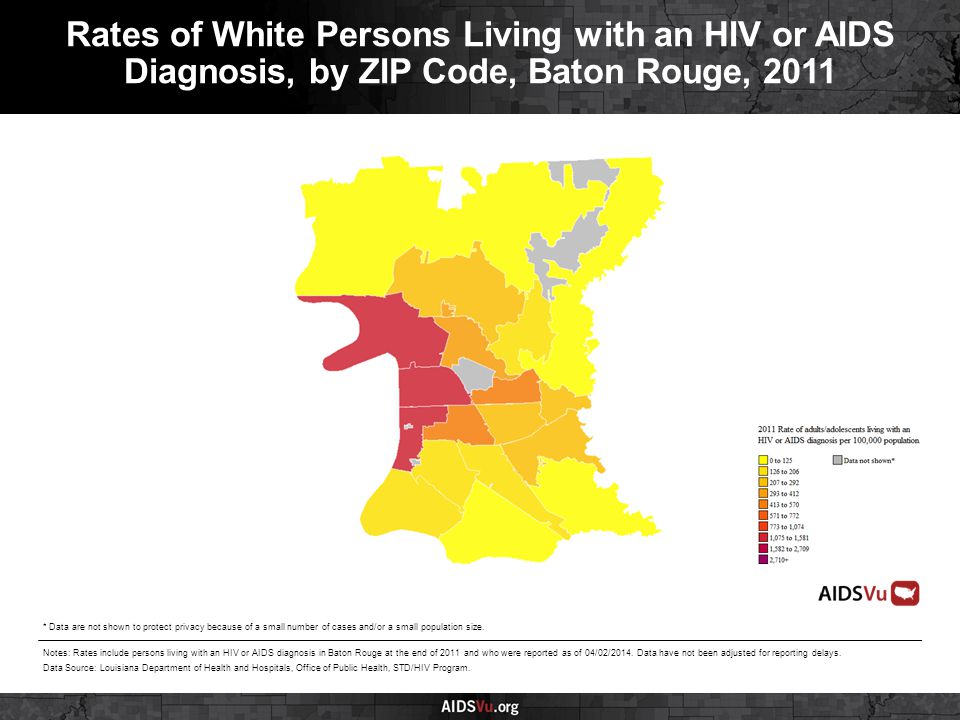 Rates of White Persons Living with an HIV or AIDS Diagnosis, by ZIP Code, Baton Rouge, 2011 Notes: Rates include persons living with an HIV or AIDS diagnosis in Baton Rouge at the end of 2011 and who were reported as of 04/02/2014.