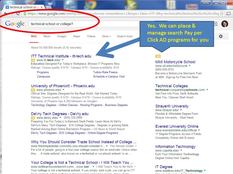 Yes. We can place & manage search Pay per Click AD programs for you