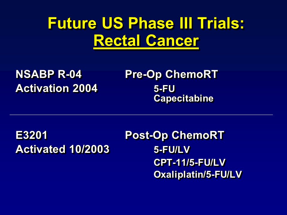 Future US Phase III Trials: Rectal Cancer NSABP R-04 Pre-Op ChemoRT Activation FU Capecitabine E3201 Post-Op ChemoRT Activated 10/ FU/LV CPT-11/5-FU/LVOxaliplatin/5-FU/LV NSABP R-04 Pre-Op ChemoRT Activation FU Capecitabine E3201 Post-Op ChemoRT Activated 10/ FU/LV CPT-11/5-FU/LVOxaliplatin/5-FU/LV