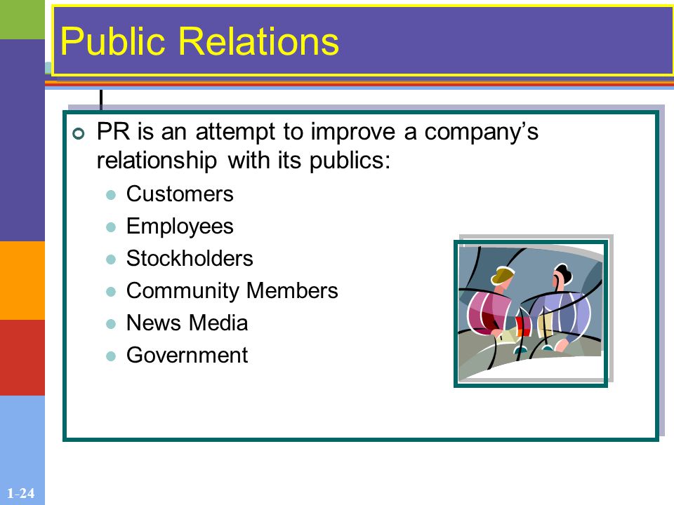 1-24 Public Relations PR is an attempt to improve a company’s relationship with its publics: Customers Employees Stockholders Community Members News Media Government PR is an attempt to improve a company’s relationship with its publics: Customers Employees Stockholders Community Members News Media Government