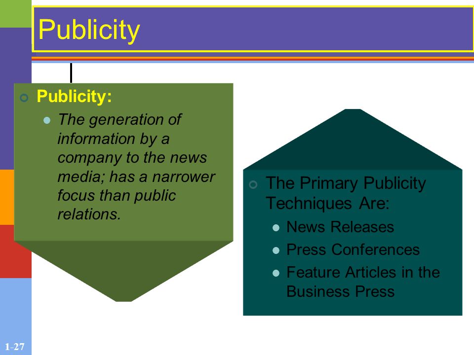 1-27 Publicity Publicity: The generation of information by a company to the news media; has a narrower focus than public relations.