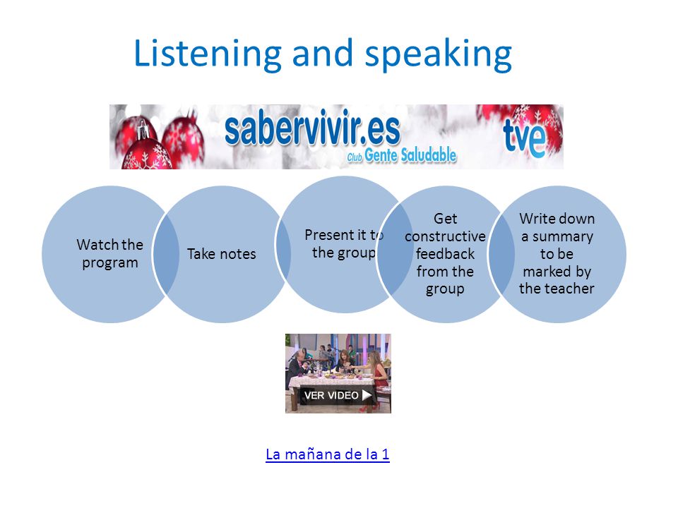 Listening and speaking Watch the program Take notes Present it to the group Get constructive feedback from the group Write down a summary to be marked by the teacher La mañana de la 1