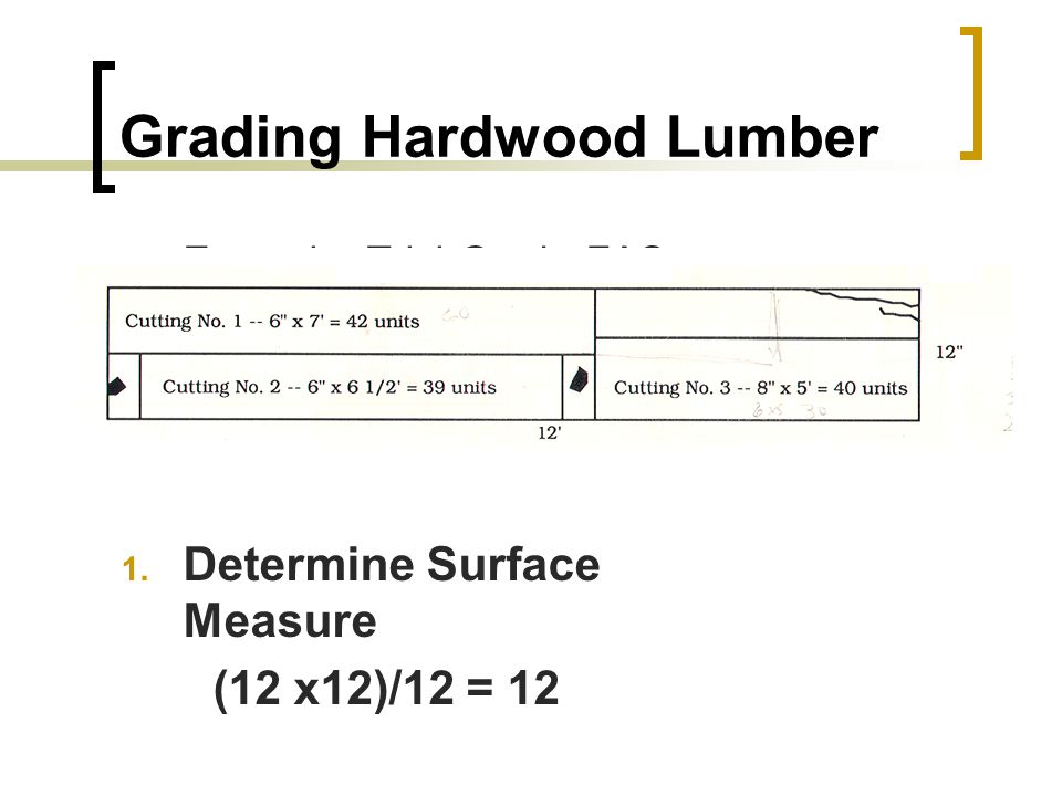 Grading Hardwood Lumber Example: Trial Grade FAS 1. Determine Surface Measure (12 x12)/12 = 12