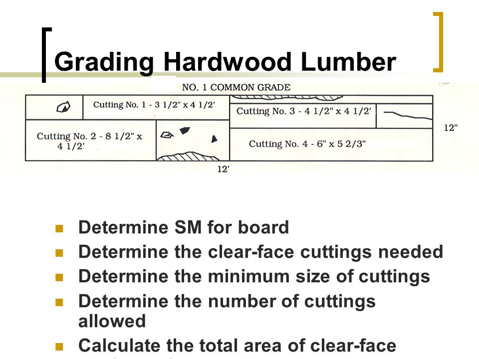 Grading Hardwood Lumber Determine SM for board Determine the clear-face cuttings needed Determine the minimum size of cuttings Determine the number of cuttings allowed Calculate the total area of clear-face cutting units Compare answer to cutting needed