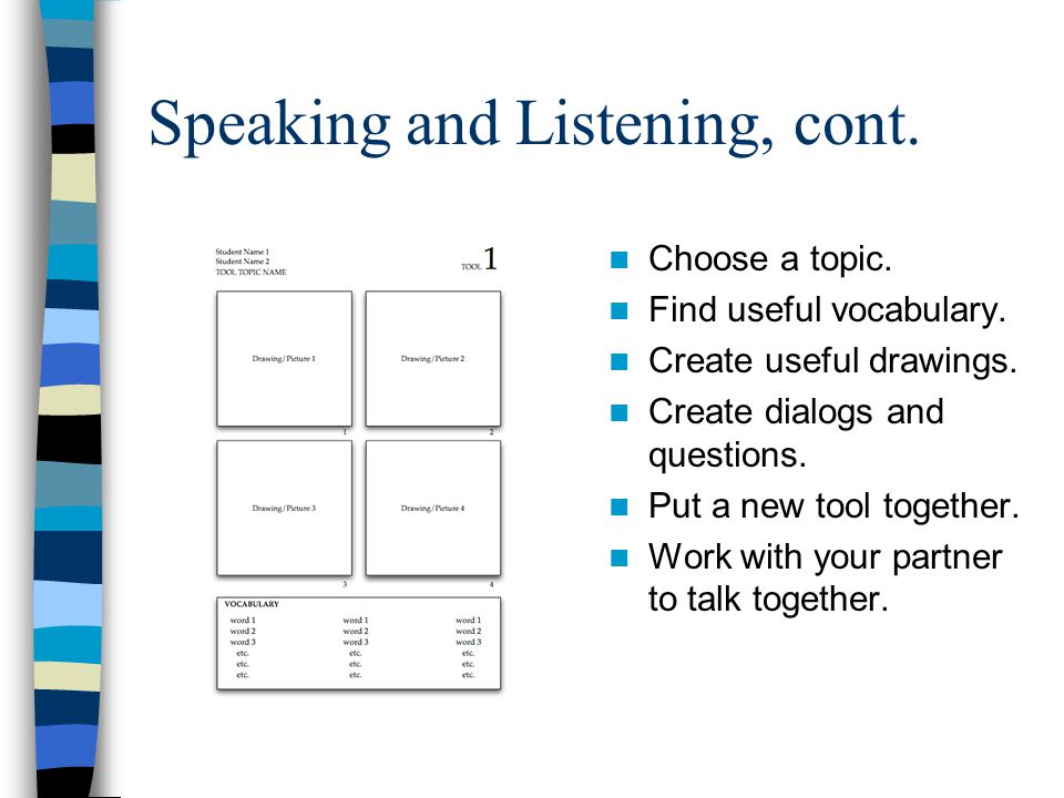 Speaking and Listening, cont. Choose a topic. Find useful vocabulary.