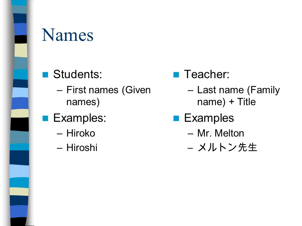 Names Students: –First names (Given names) Examples: –Hiroko –Hiroshi Teacher: –Last name (Family name) + Title Examples –Mr.
